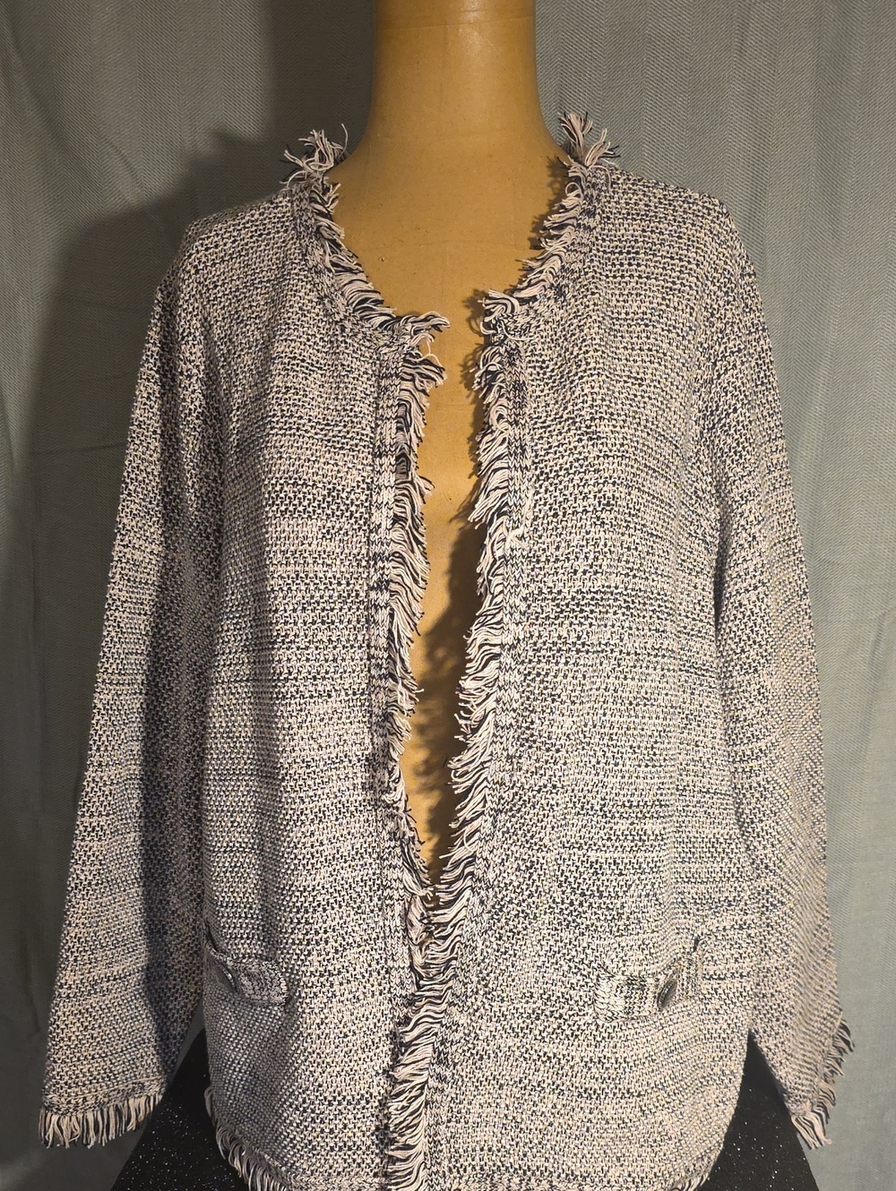 Kasper Fringed Open-Front Knit Cardigan - Cream & Black